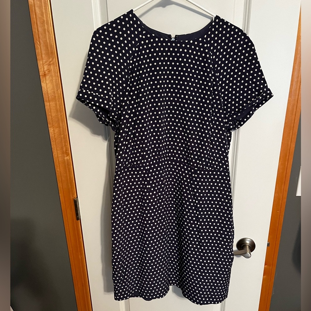 Fossil Women’s silk short sleeve fitted navy polka dot retro dress.